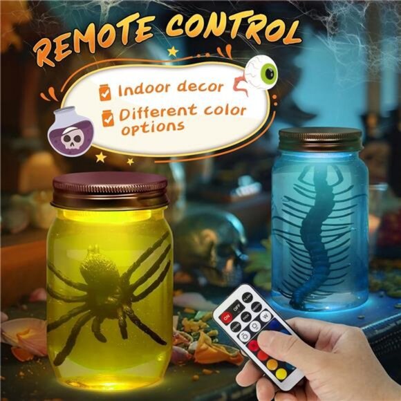 Specimen Jars Halloween Decor - 3 PCS DIY Mason Jars Light-up by Remote Control - Picture 2 of 8